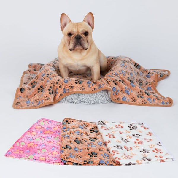 1 Pack 3 Filtar Super Mjuka Fluffiga Premium Fleece Djurfiltar Flanell Pläd för Hund Valp Katt Tass Brun/Rosa/Vit Small(23x16 tum)