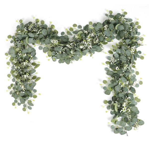 2-pack konstgjorda eukalyptusgirlanger med videblad, gröna blad, vita blommor, konstgjord växt, hängande växt för bakgrund, bröllop