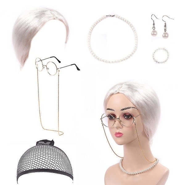 kpl/setti Mummo Vanha Nainen Pukeutumissetti Mummon Puku Peruukki Aikuiset Lapset Halloween Naamiaiset Cosplay Juhlat Noita Koristelu Tapahtuma Valkoinen Nuttura