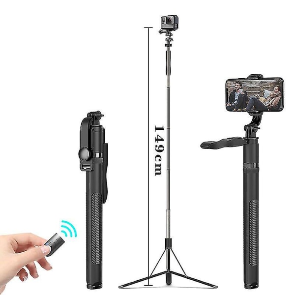 Roreta högkvalitativ ny 1,49 m stor Bluetooth Selfie Stick Stativ Fällbara monopoder Universal för Gopro-kamera för smartphone