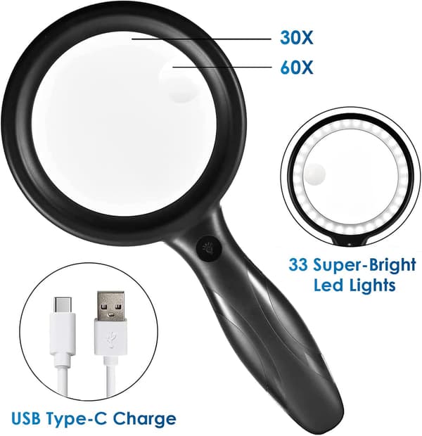 Reading Magnifier, 60X 30X 33LED Magnifying Glass with Light, USB Rechargeable LED Magnifier, 3 Light Modes, Illuminated Magnifier for