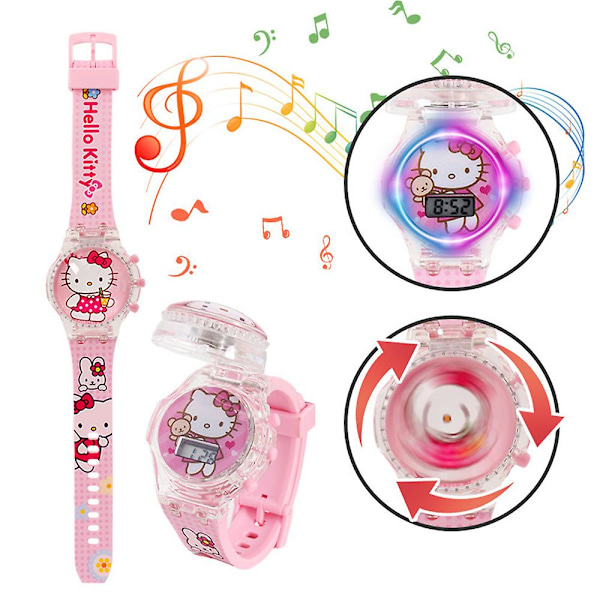 Barnklocka med tecknade figurer, blinkande ljus, lysande digital musikklocka med snurrande topp och flip-fodral Hello Kitty