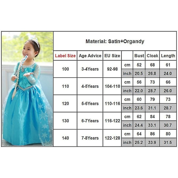 Girls Frozen Queen Elsa Princess Kjole Cosplay Kostume Jul Fest Fancy Dress Up -g 7-8 Years