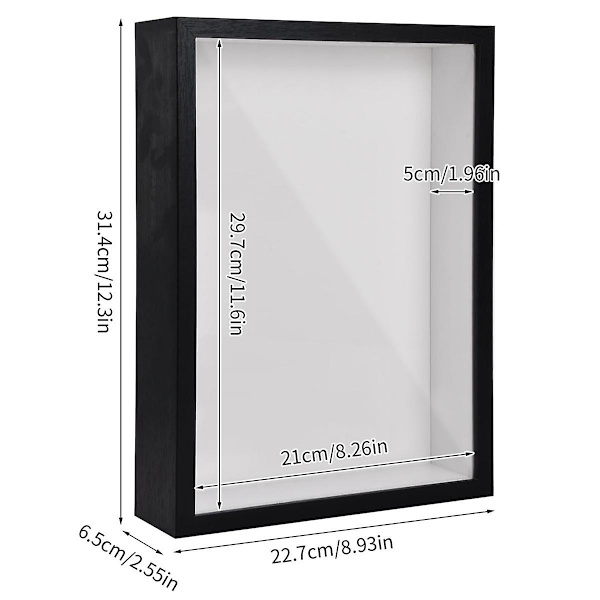 Skyggeboks A4, 5 cm dyp boksformet fotoramme for bordplate og vegg, 3D bilderammer displayboks for håndverk Black