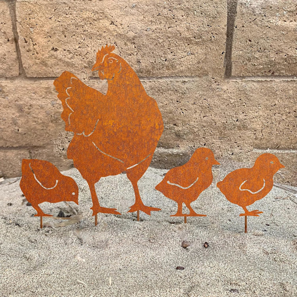 Rustne kyllinger havepynt, naturlig rustpatina, havepynt R