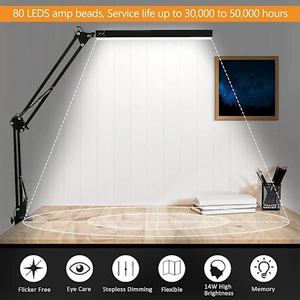 LED-skrivebordslampe med klemme, justerbar svingarm kompatibel til studie/kontor (sort)