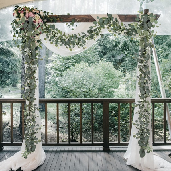 2-pack konstgjorda eukalyptusgirlanger med videblad, gröna blad, vita blommor, konstgjord växt, hängande växt för bakgrund, bröllop