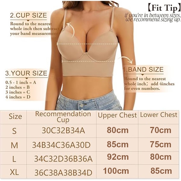 Lav Rygg BH for Kvinner Push Up Dyp V-hals Ryggløs BH Hud{EE} Skin L