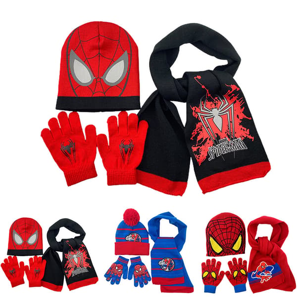 (ee) Spider-Man Strikket Hue, Halstørklæde & Vanter Vinter Sæt Udendørs Grey Spider-Man