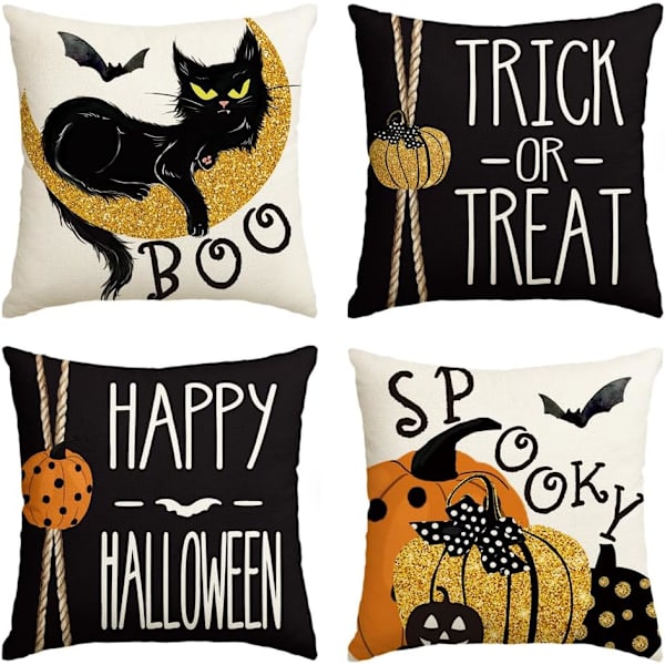 Happy Halloween Boo Svart Katt Knask eller Knep Putetrekk, 45 x 45 cm Skummel Gresskar Flaggermus Putetrekk for Sofa Sofagruppe 4-Pakning