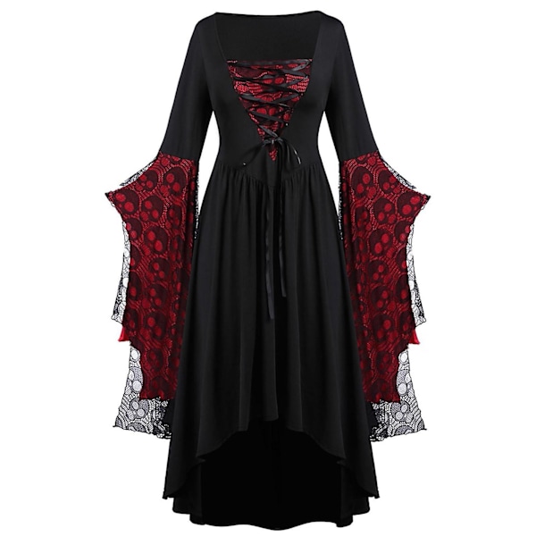 Halloween-asu naisille, plus-koko, pitkähihainen, pääkallo, pitsi, printti, muoti, pitkähihainen, side, retro, pitkä mekko