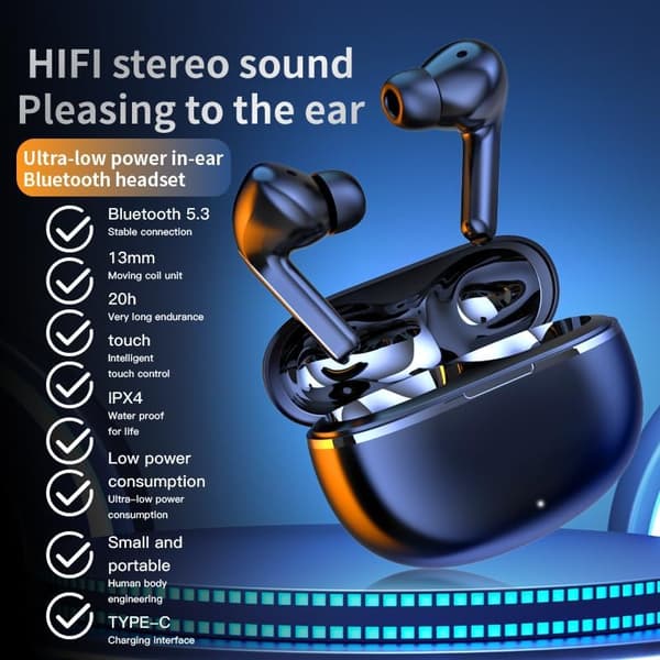 Trådløse Bluetooth-hodetelefoner Stereo Touch-kontroll In-Ear-ørepropper med silikonørepropper Svart