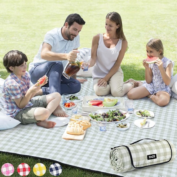Ekstra stort picnic-udendørstæppe, 203 x 152 cm vandtæt foldbart tæppe gingham picnicmåtte til strand, camping græsplæne park (grøn hvid)