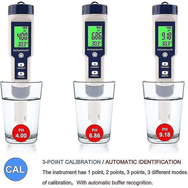 5-i-1 elektronisk Ph-mätare, mäta Ph & Tds & Ec Salinitet och temperatur Vattenkvalitetstestare, LCD-skärm och avläsningsnoggrannhet, för dricksvatten, A