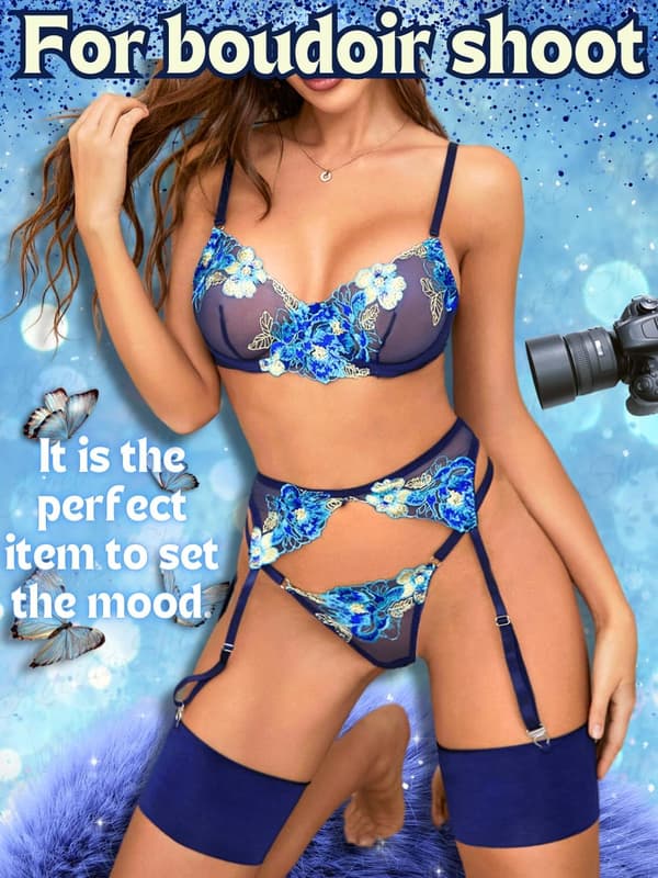 Blommig Broderad, Bygel, T-string, Strumpeband, 4-delars Underklädesset Navy Navy S