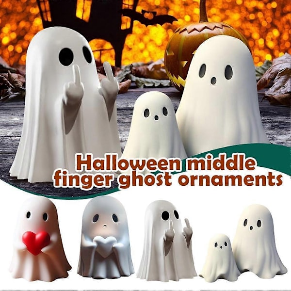 Cute and Spooky Ghost Figure 2024 Mini Scary Ghost Middle Finger/Holding Heart Funny Resin Ghost Statue for Halloween Decorations & Gifts