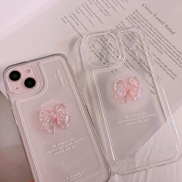 Kompatibel med iPhone-fodral, Söt 3D Rosa Rosett Smalt Transparent Estetiskt Design Kvinnor Flickor Glitter Skyddande Telefonfodral för iPhone 11