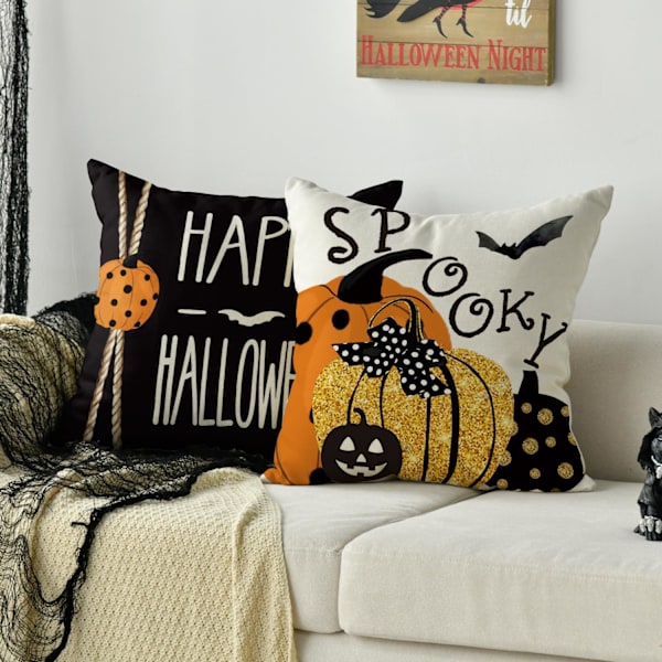 Happy Halloween Boo Svart Katt Knask eller Knep Putetrekk, 45 x 45 cm Skummel Gresskar Flaggermus Putetrekk for Sofa Sofagruppe 4-Pakning