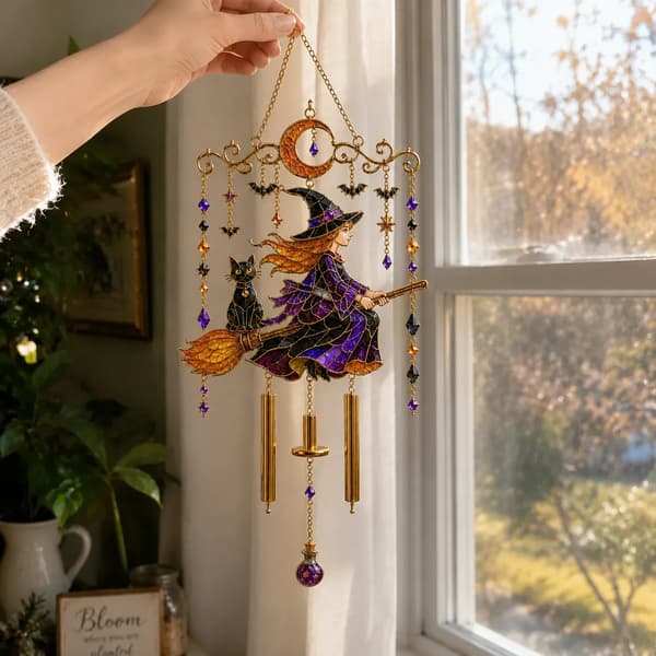 Halloween Glasmalerei Vindklokke, Akryl Solfanger med Spøgelse Kat Måne og Hekse Designs, 20/30 cm E 30cm