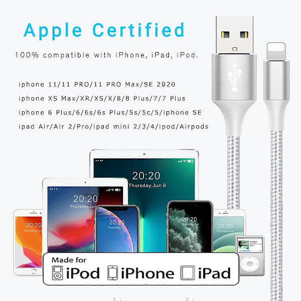 10FT iPhone Ladekabel - Hurtiglading USB-kabel (3-pakning)