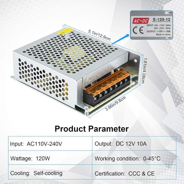 Strømforsyning Spændingstransformator, Ca. 110V / 220V til DC 12V 10A, 120W