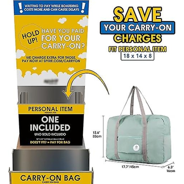Foldbar Rejsetaske til Spirit Airlines - Sportstaske, Weekendtaske, Overnatningstaske (Mintgrøn) 45*32*16cm