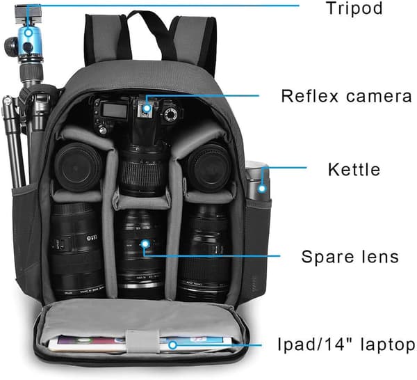 Camera Backpack Pro Version, Waterproof, Compatible with Sony, Canon, and Nikon Cameras and Lenses, Tripod Accessories, Camera Bag, Grey.
