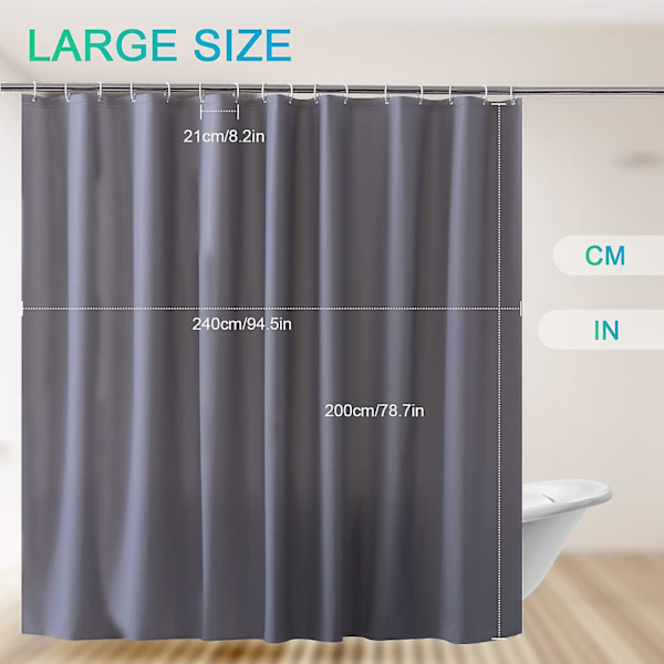 Mögelresistent Duschdraperi Grå 240 x 200 cm EVA Vattentätt Tvättbart Badrumsdraperi med 16 Krokar Antibakteriellt Badrumsdraperi för Badkar PVC{EE}