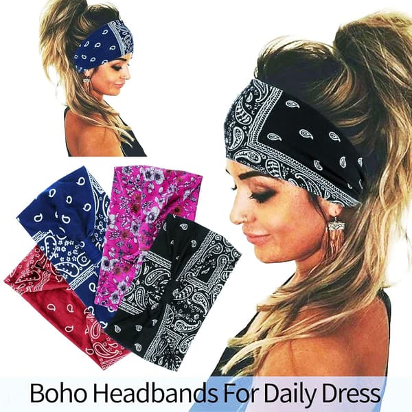 4 brede boho-pandebånd til kvinder, elastiske og skridsikre