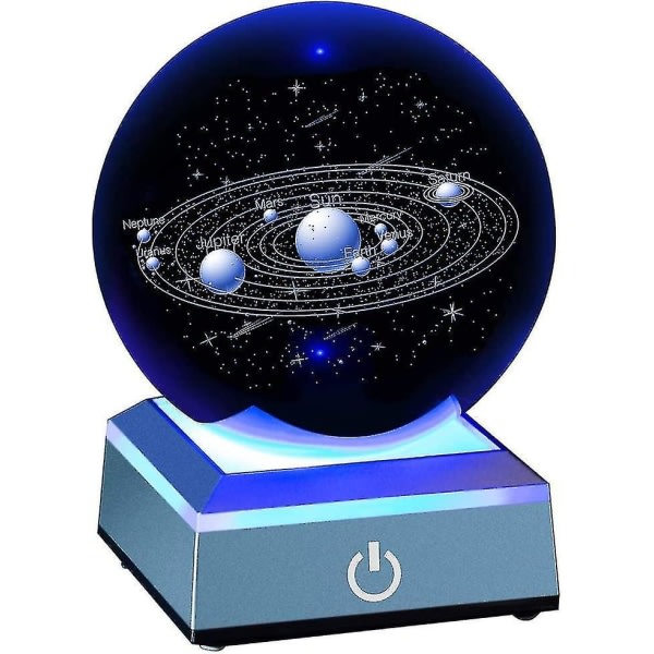 3D Solar System Model Crystal Ball Laser Engraved Hologram with Light Up Base Planet Model