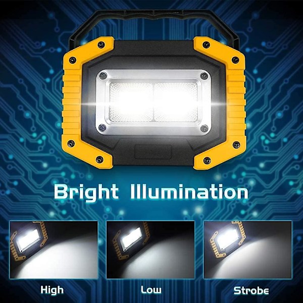 30W LED Arbeidslys 2 COB Oppladbare Spotlights 1500lm Bærbare Byggearbeidslys Vanntett 3 Lysmoduser for Utendørs Camping Fotturer Eme