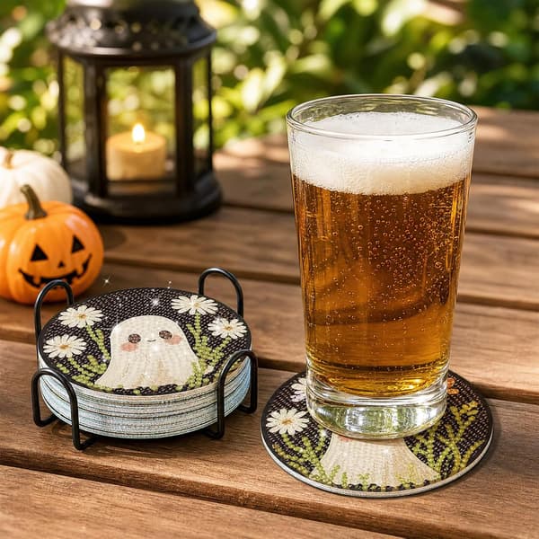 8-delt rundt diamantmaleri-underleggsett med holder, høst Halloween varmeisolerende koppmatte