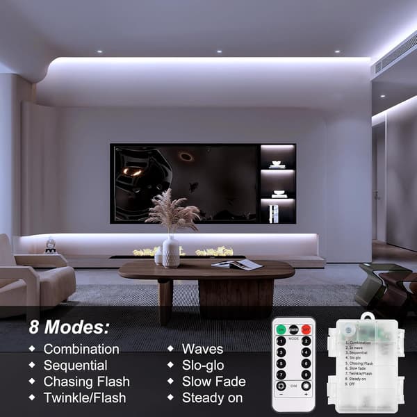 3m Batteridrevne LED-striper med fjernkontroll, 90 LED-lamper Vanntette, 8 moduser, Dimbar, Klippbar (Kaldhvit)