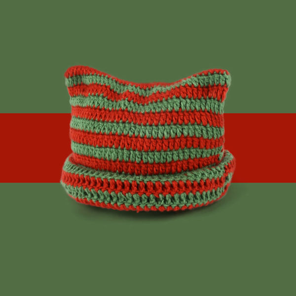 Stickad Kattmössa med Öron, Randig Varm Elastisk Vintermössa, Röd och Grön Red and Green