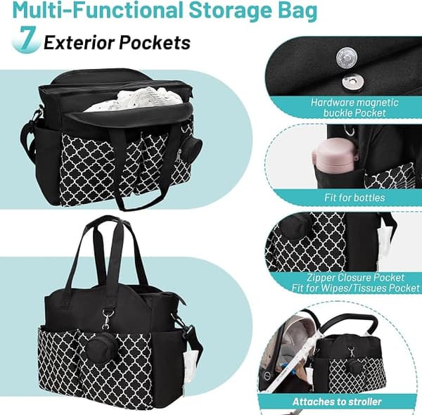 Multifunktionel Pusletaske Stor Vandtæt Baby Organizer med Sutteholder til Bleer og Tilbehør Sort 40x15x29cm