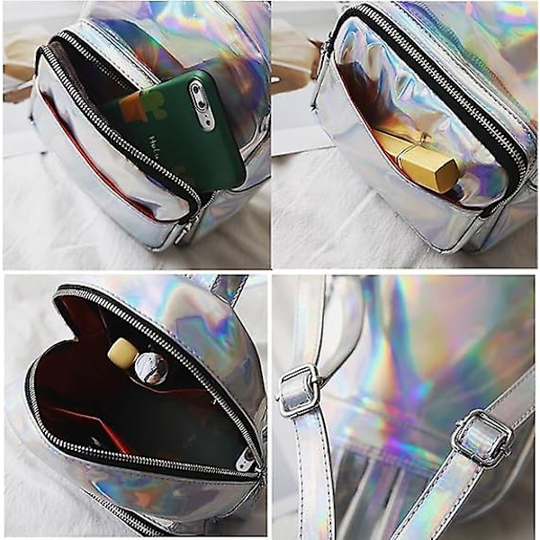 Holografisk Laser Läder Ryggsäck för Flickor Rosa Silver Mini Ryggsäck för Kvinnor