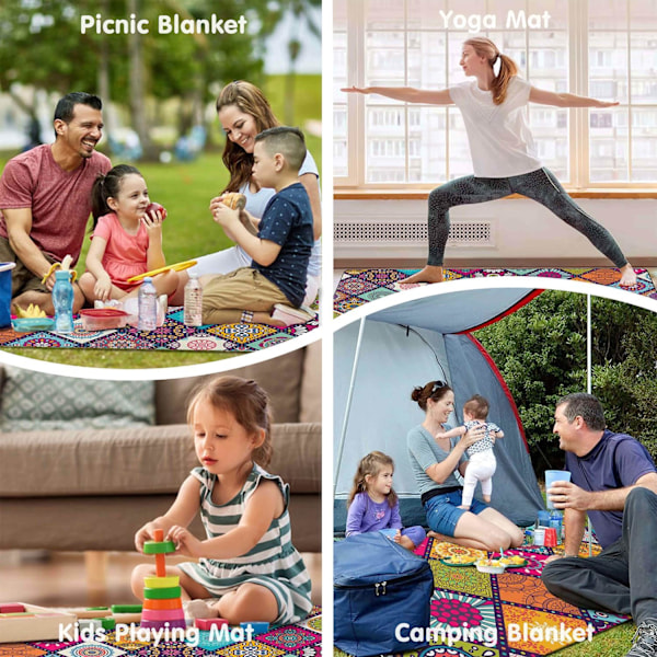 Vandtætte Picnic Tæpper Foldbare & Bærbare 203x203 cm Boho Picnicmåtte til Udendørs Brug, Stor Vaskbar Picnic Tæppe til Rejser og Camping