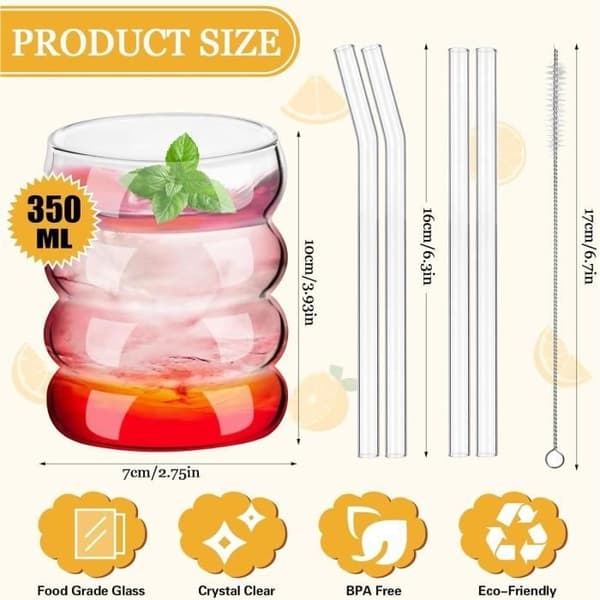 Vattenglas - Bubblor - 350ml - Räfflat Glas - Glassugrör - Vågformad Design Transparent