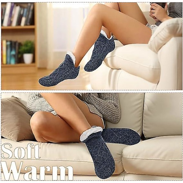 Slippers Damer Herre Sokker - Slipper Sokker, Varme Vinterforede Skridsikre Strikkede Fleece Sokker Slippers til 37-41, Navy Blå