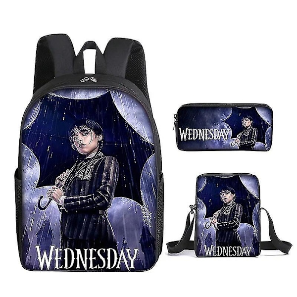 Tredelt Sæt Wednesday Addams Adams Wednesday Duffel Taske Rygsæk Sæt Skoletaske Kufferten Blyantsæske Børns Legetøj Gaver 3PC-12