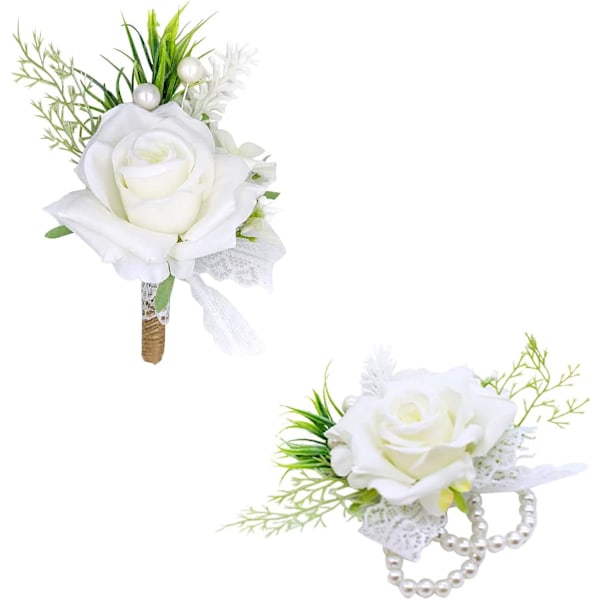 Hvid Corsage og Boutonniere Sæt Kunstige Rose Blomster Håndledsblomster