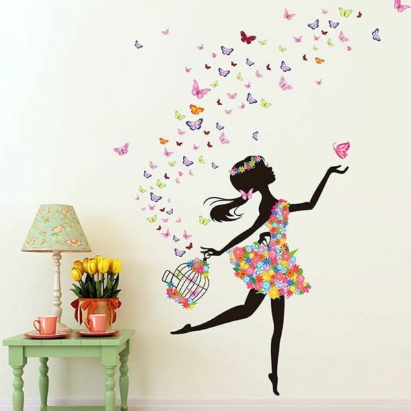 Romantisk dansande flicka blomma älva fjäril avtagbara väggdekaler Triumph barn babyrum plantskola DIY dekorativa väggdekaler