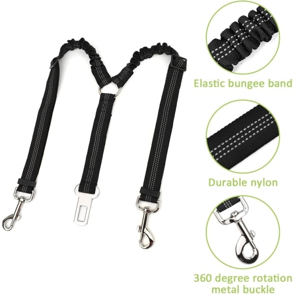Dubbelt säkerhetsbälte för husdjur, justerbart med elastisk bungee