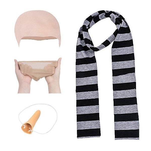 Yalisheng 4-pakke Despicable Me Gru Cosplay Sett med Falsk Nese, Skallet Parykk, Halloween Kostyme Tilbehør, Svart og Grå Stripete Skjerf for Voksne{hh]
