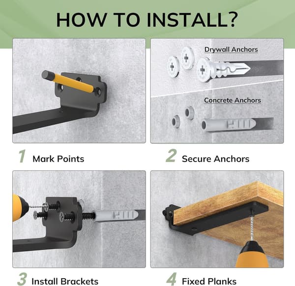 8-pack Floating Shelf Brackets, 25cm Heavy Duty Industrial Shelf Brackets, Black Metal L-Brackets for Shelf Support D 25cm 25cm 8pcs