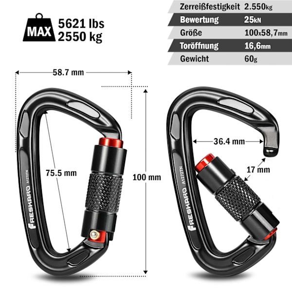 Klatrekarabin, automatisk låsende karabiner, 25kN-2550kg, stor 10cm, sort og grå