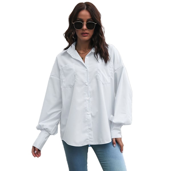 Women's Shirts Long Sleeve Office Blouses Casual Loose Shirt-White