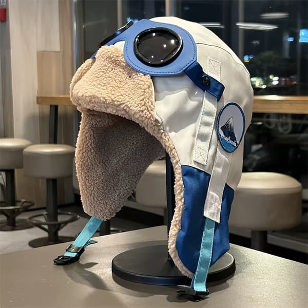 Vintermössa med skyddsglasögon - Tjockt foder, Öronlapps-bombermössa för skidåkning & cykling, Vindtät & Varm Blue (hat Circumference 56-59cm)
