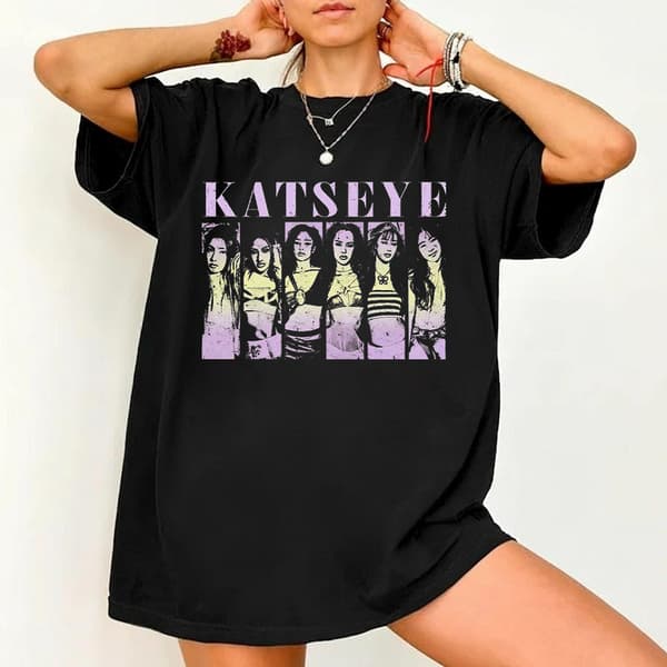Katseye jentegruppe trykt T-skjorte, trendy kortermet sommertopp for menn og kvinner, oversized passform 17 S