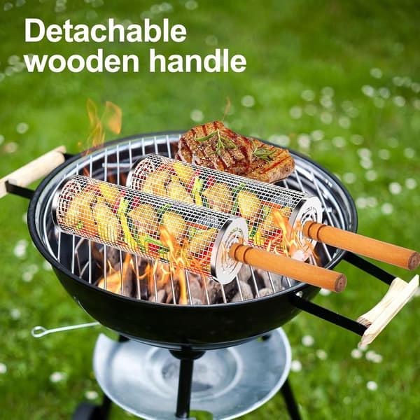 Grillkurv i rustfrit stål, 2 dele, cylindrisk grillkurv, udendørs camping, grøntsagsgrillkurv, grillede grøntsager